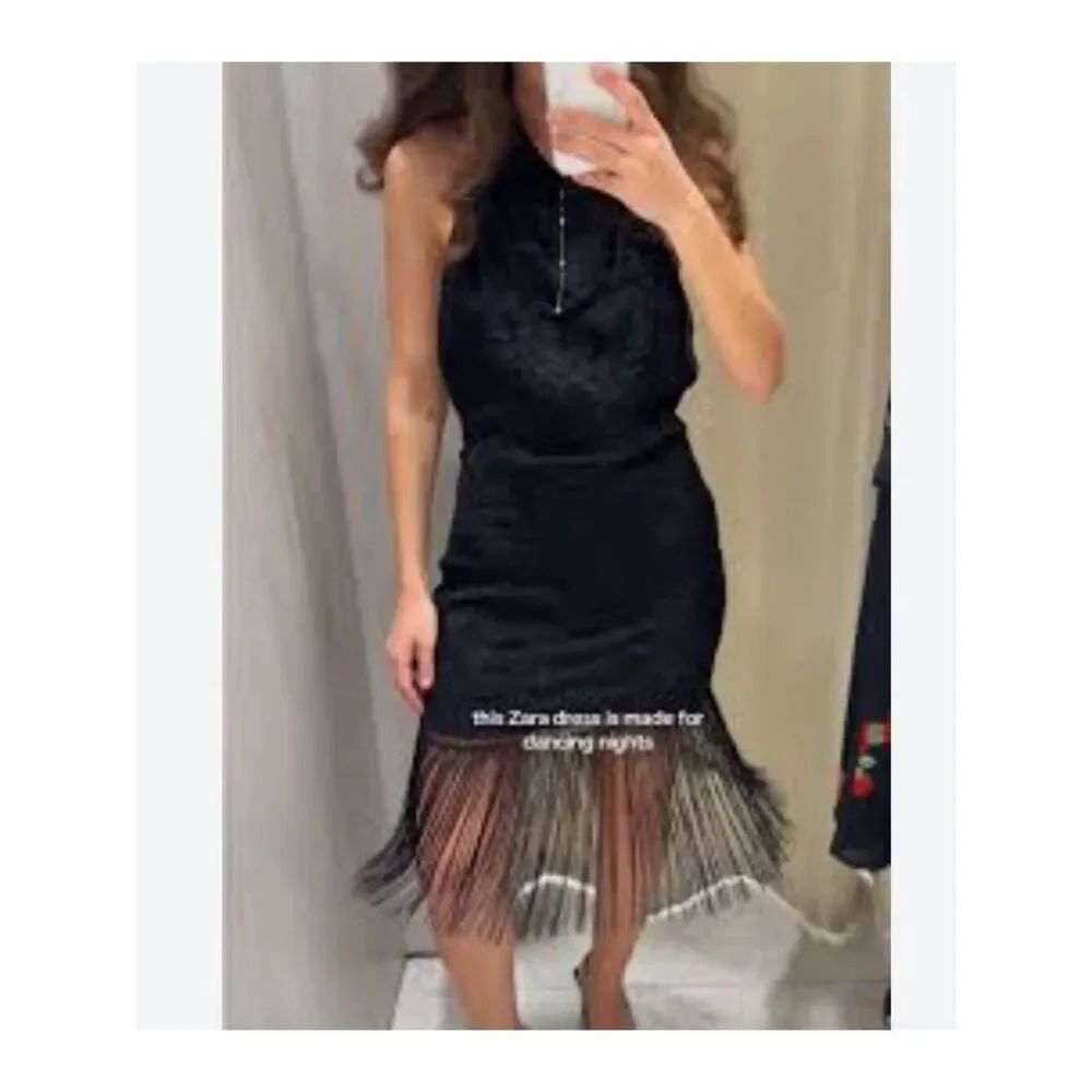 Zara Womens Fringe Midi Dress XS Black Floral Embroidered Halter 0881/384 NWT